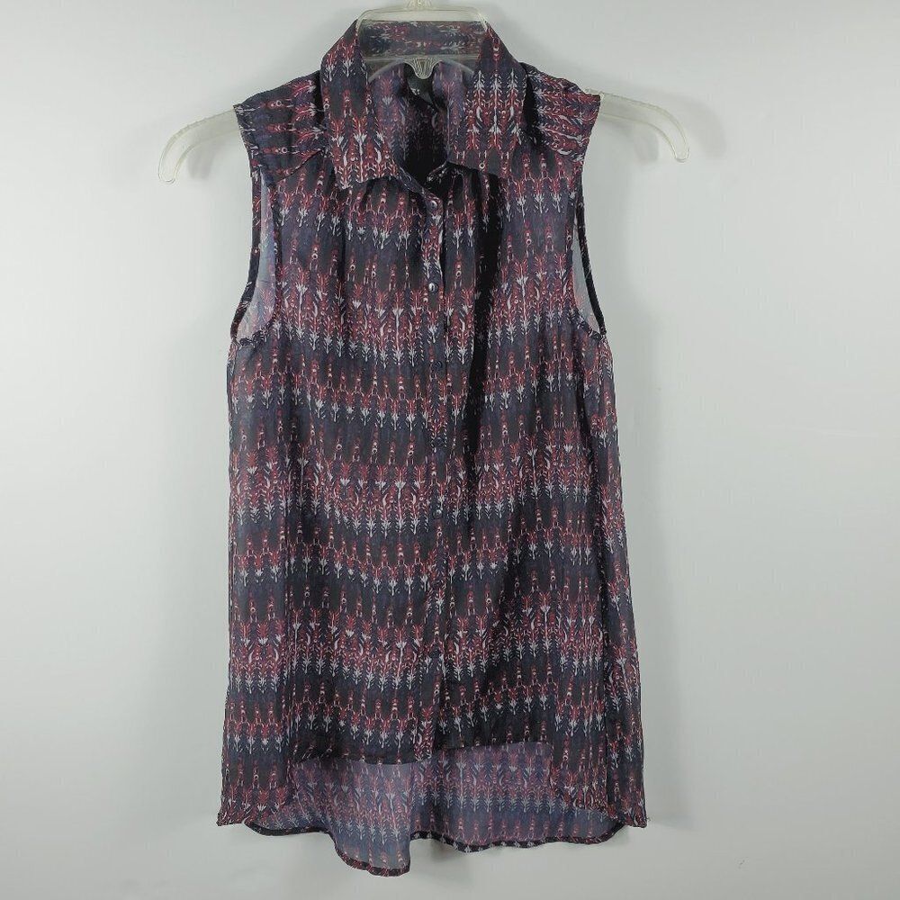 H&M Sleeveless High-Low Burgundy, Black and Gray Button Down Sheer Blouse Sz 2